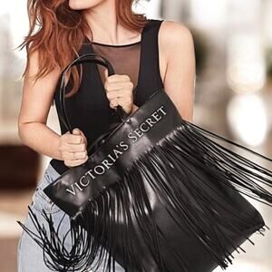 Victoria's Secret Black Tote Shoulder Bag Fringes BIKER BOHO FESTIVAL WESTERN